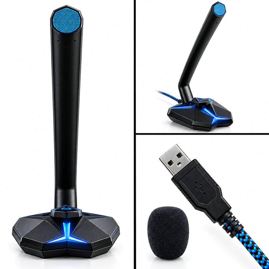 micrófono gamer con luz RGB y control de volumen