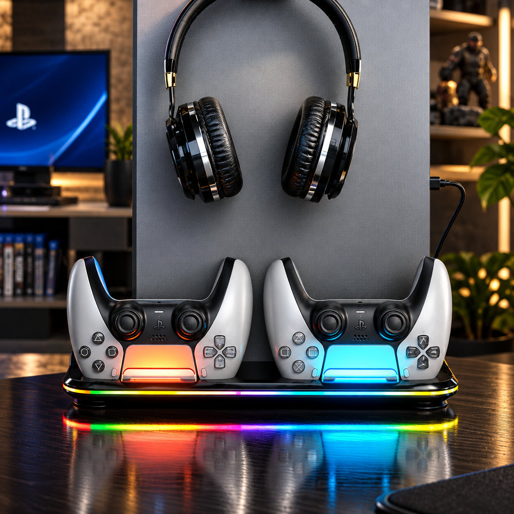 Base de carga para PS5 con luz RGB para mandos y auriculares