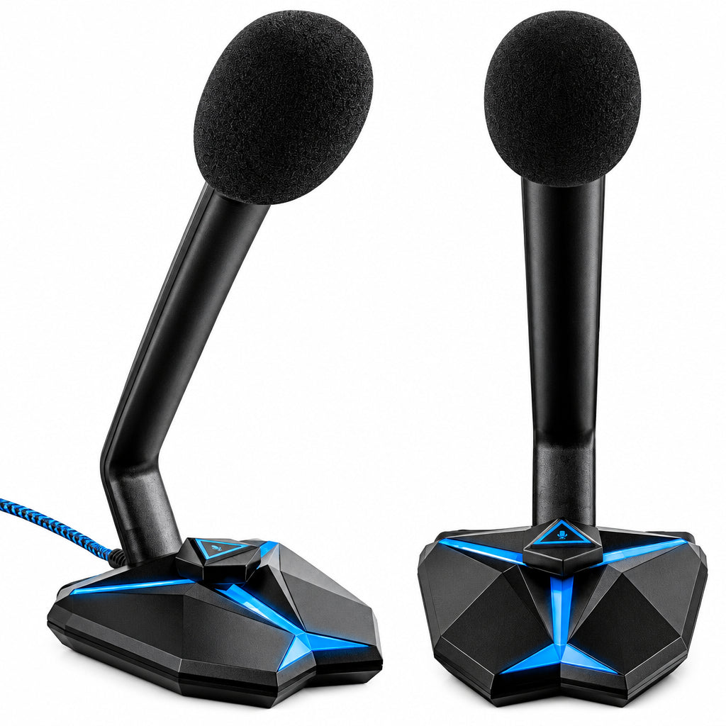 micrófono gamer con luz RGB y control de volumen
