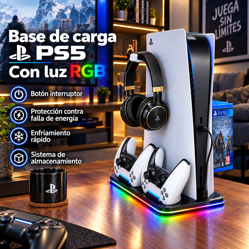 Base de carga para PS5 con luz RGB para mandos y auriculares