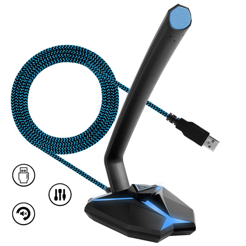 micrófono gamer con luz RGB y control de volumen