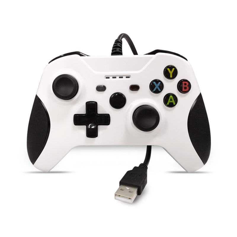 Control gamer USB blanco con joysticks, botones de colores y cable para videojuegos en PC.