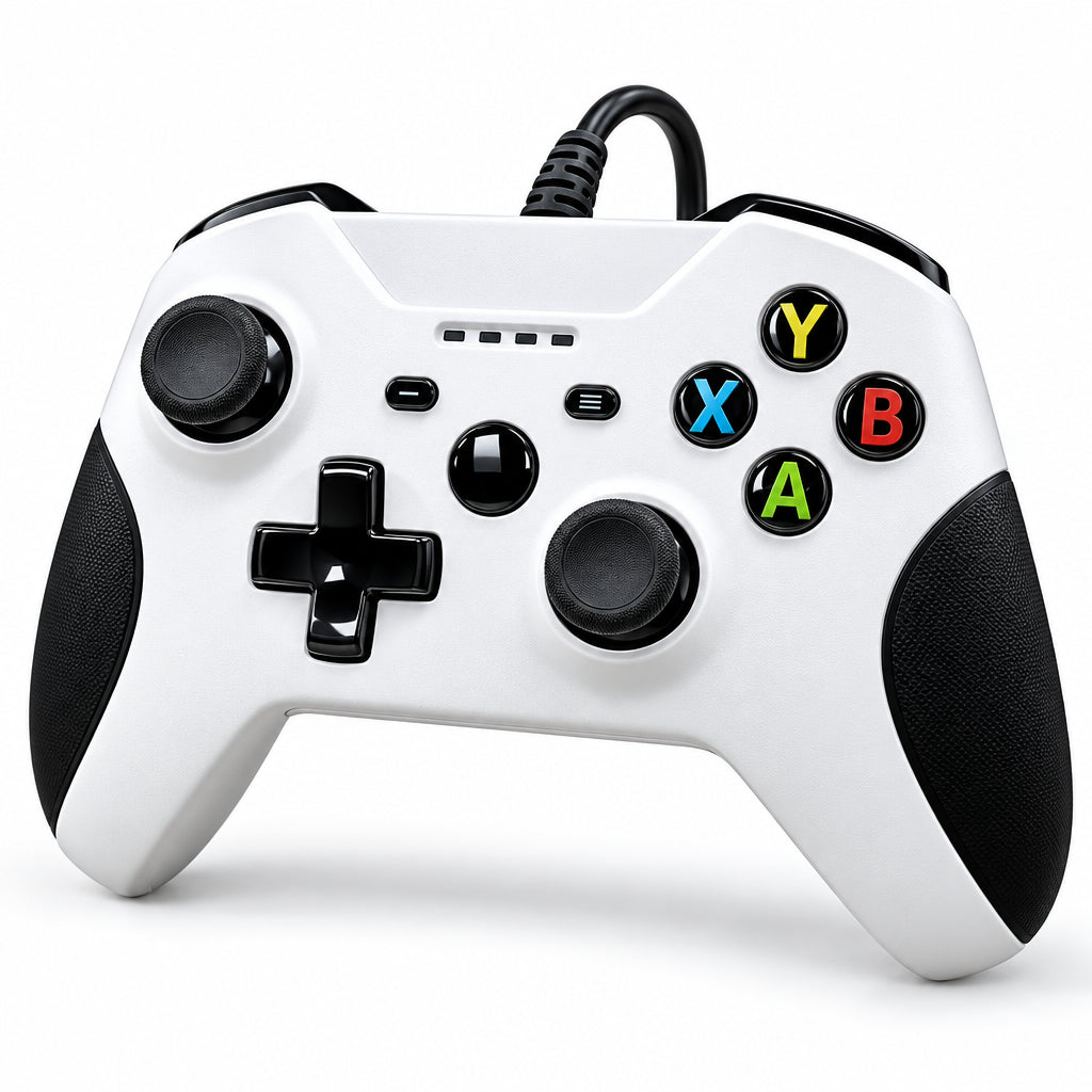 Control gamer USB blanco con joysticks, botones de colores y cable para videojuegos en PC.