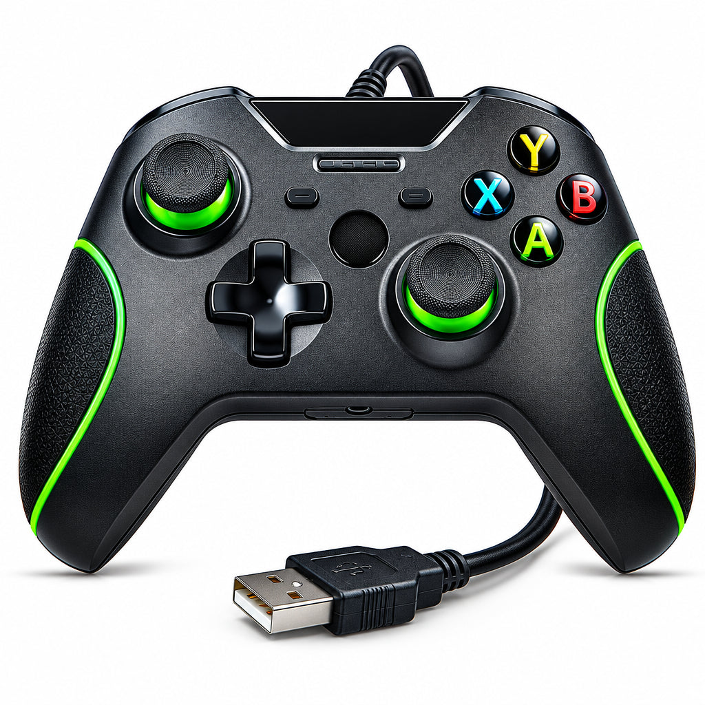 Control gamer USB negro con joysticks, botones de colores y cable para videojuegos en PC.