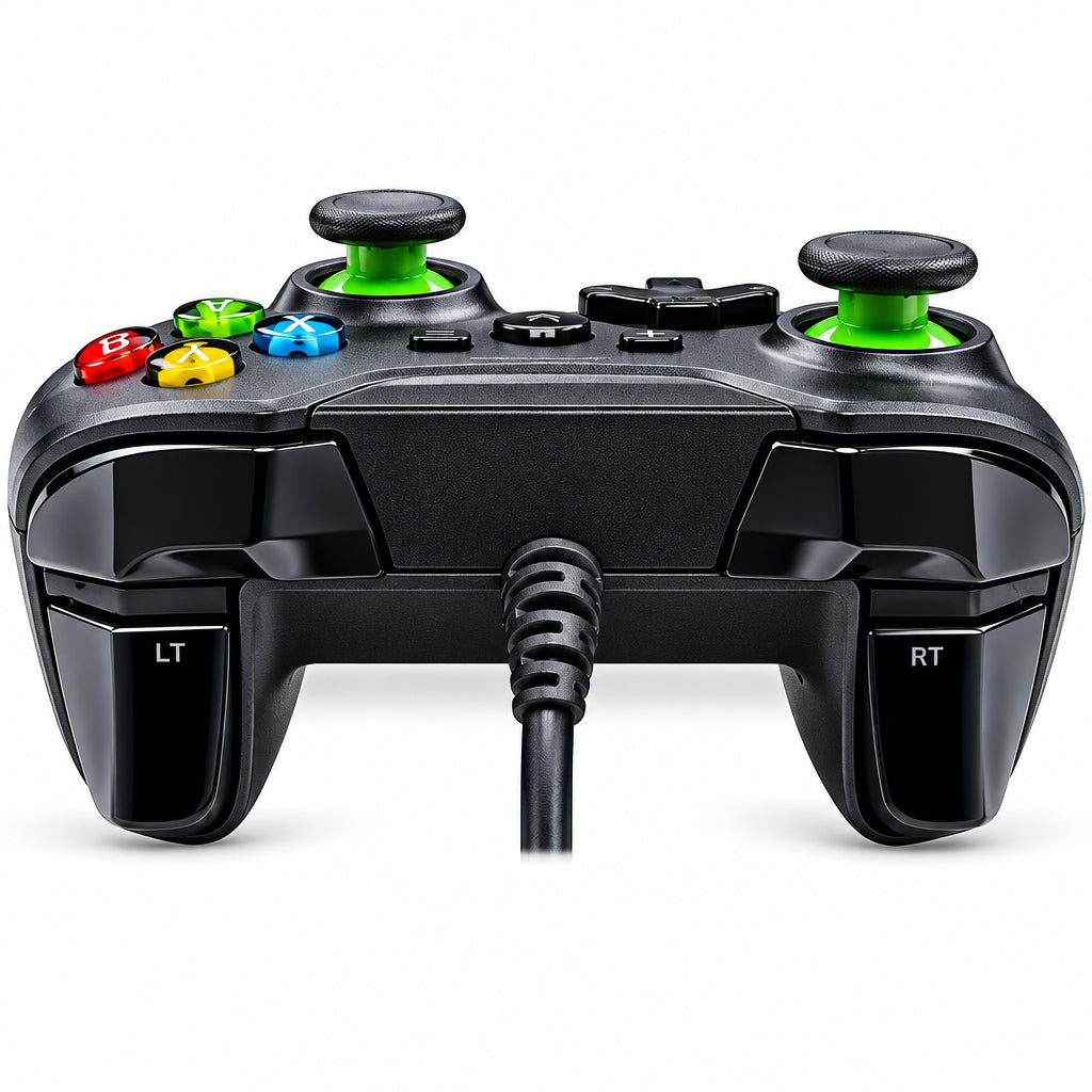 Control gamer USB negro con joysticks, botones de colores y cable para videojuegos en PC.