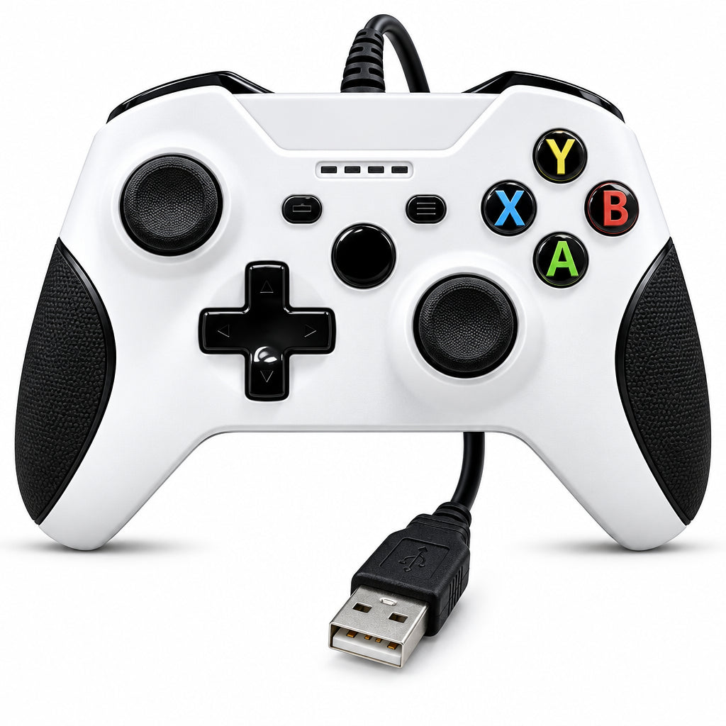 Control gamer USB blanco con joysticks, botones de colores y cable para videojuegos en PC.