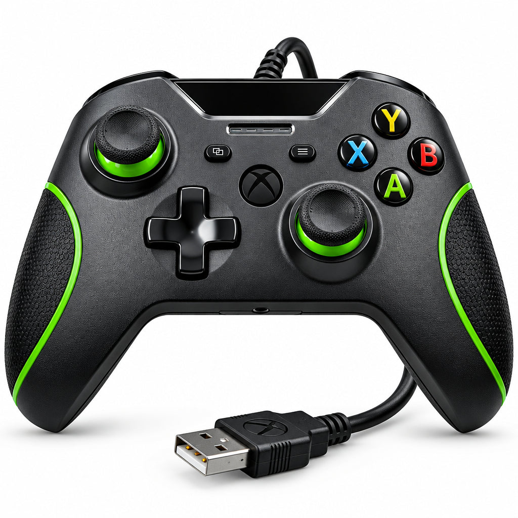 Control gamer USB Negro con joysticks, botones de colores y cable para videojuegos en PC.
