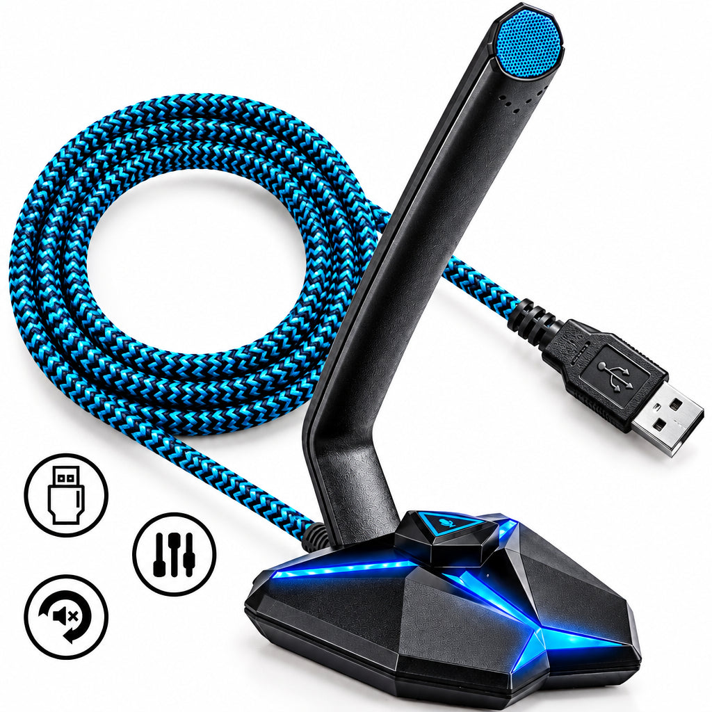 micrófono gamer con luz RGB y control de volumen