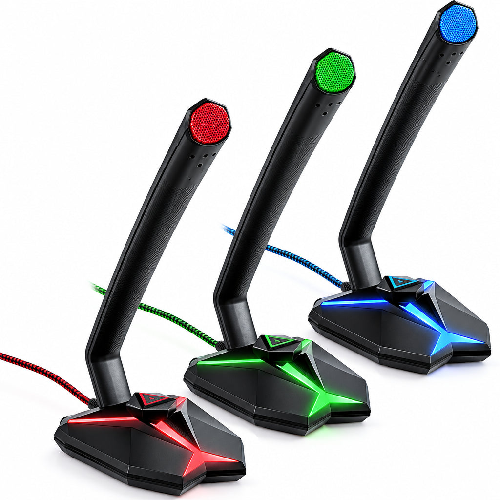 micrófono gamer con luz RGB y control de volumen
