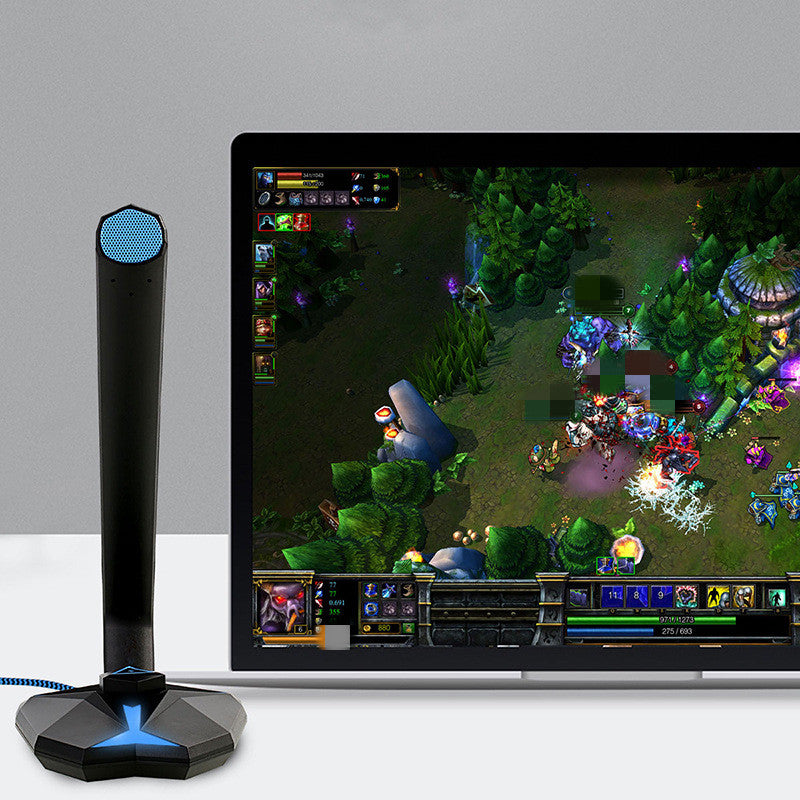 micrófono gamer con luz RGB y control de volumen